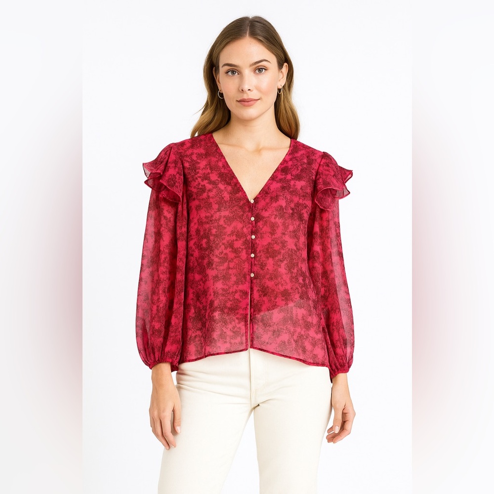 Keepsake the Label Ditsy Floral Pink Sheer Ruffle Sleeve‎ Blouse XXS Preppy Boho